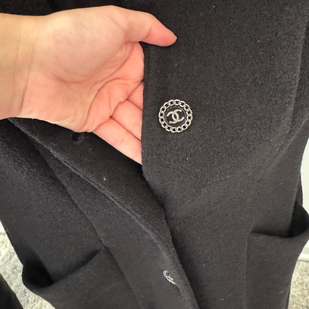 Black 100% Wool Coat with Chanel Logo Button